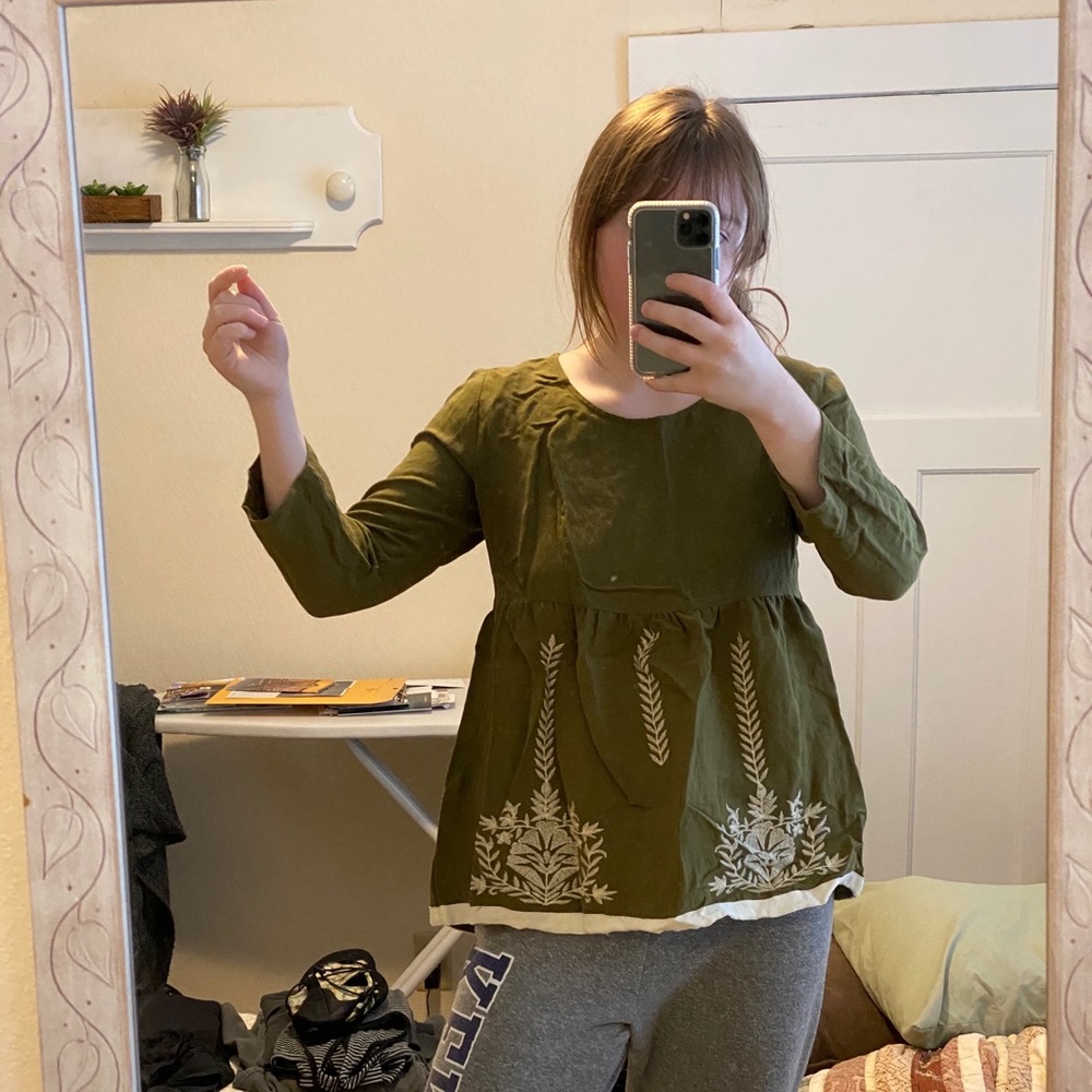 Green, embroidered babydoll shirt